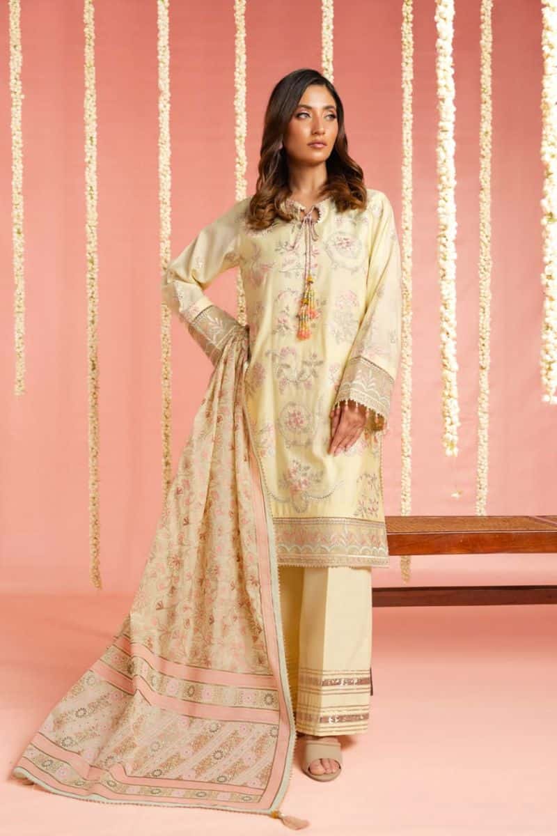 Yellow Embroidered 3 Piece Unstitched Suit