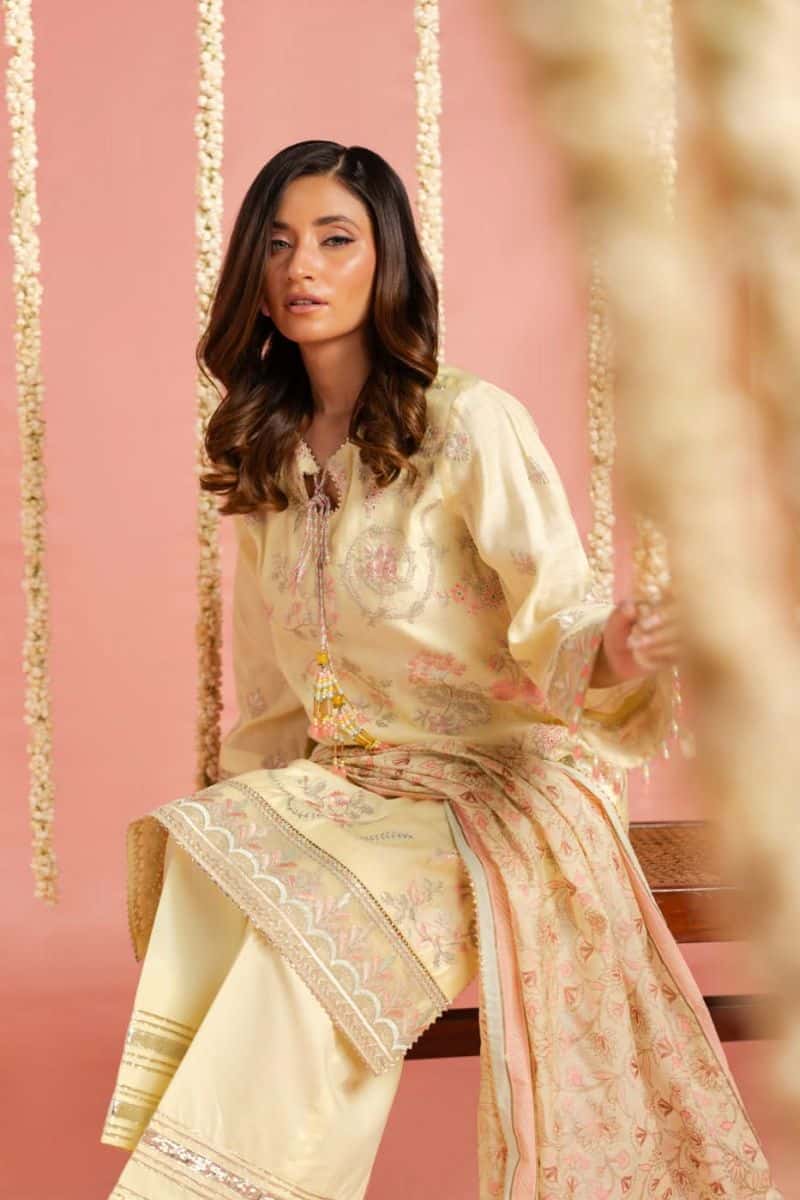 Yellow Embroidered 3 Piece Unstitched Suit - alternate view
