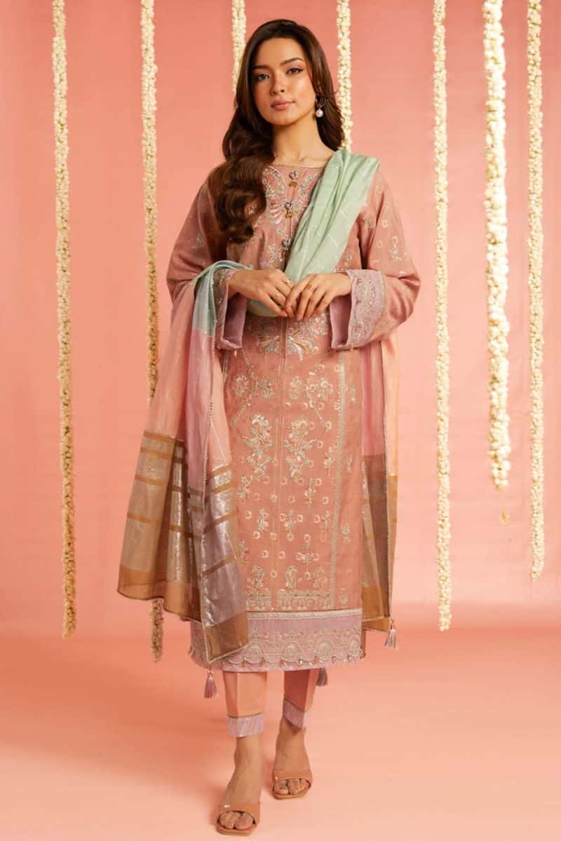 Peach Embroidered Lurex Jacquard 3 Piece Unstitched Suit