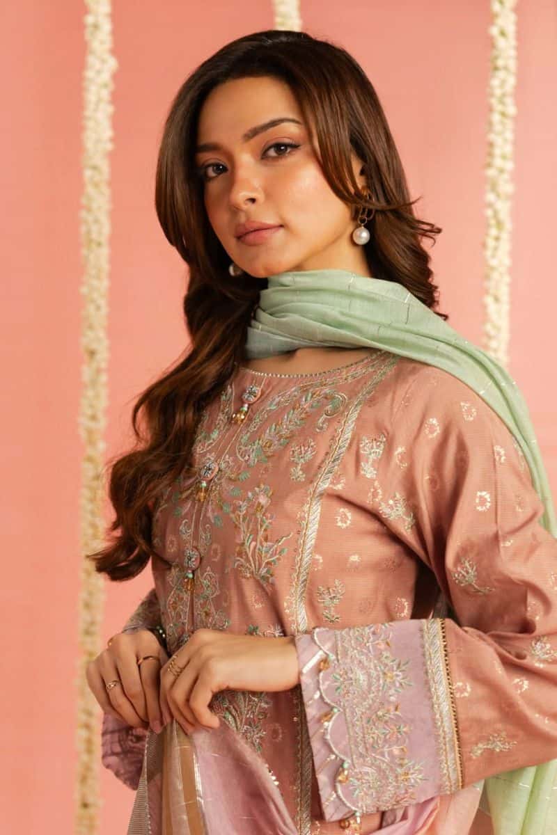 Peach Embroidered Lurex Jacquard 3 Piece Unstitched Suit - alternate view