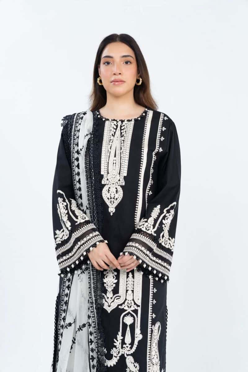Black Embroidered Lawn 3 Piece Unstitched Suit - alternate view