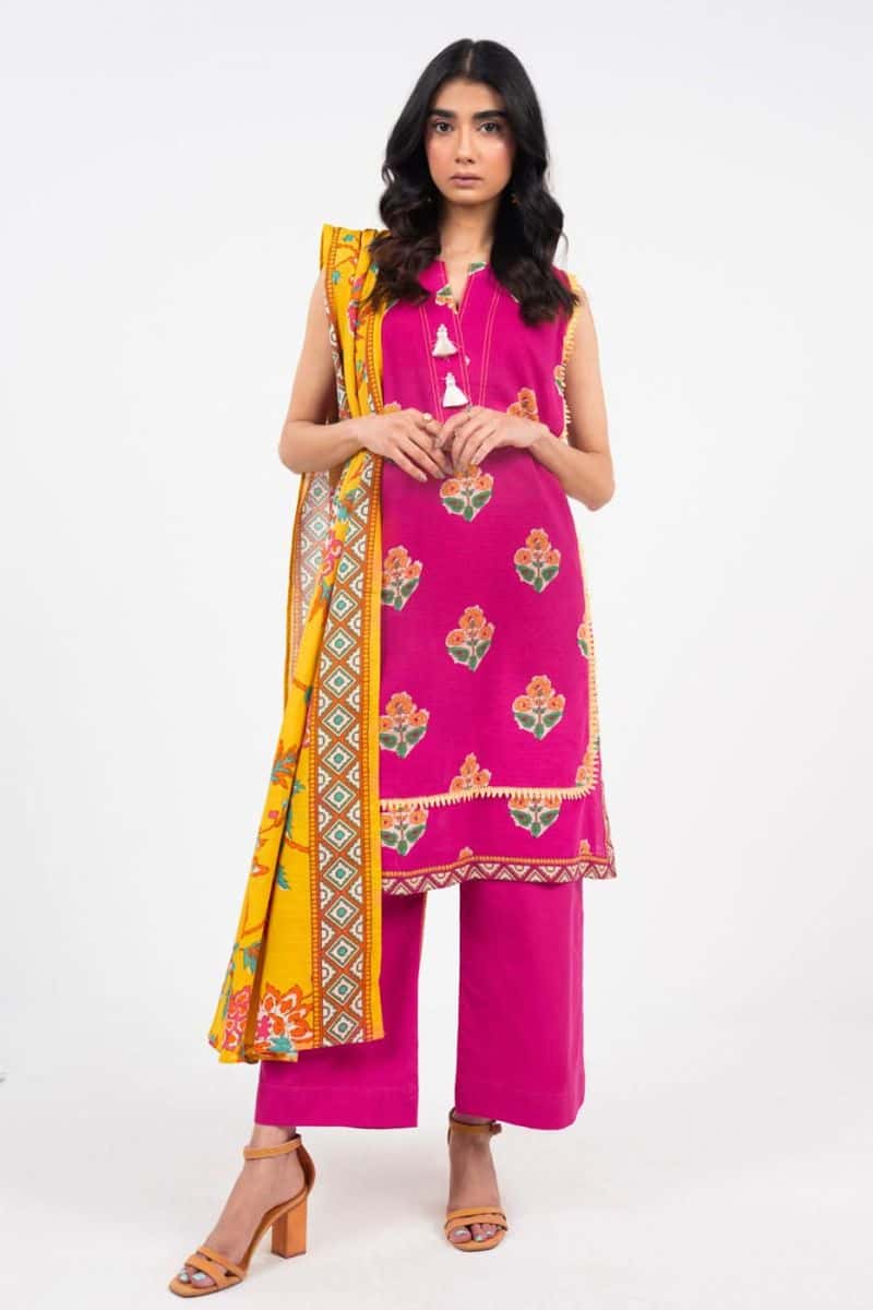 Pink Printed Khaddar 3 Piece Unstitched Suit