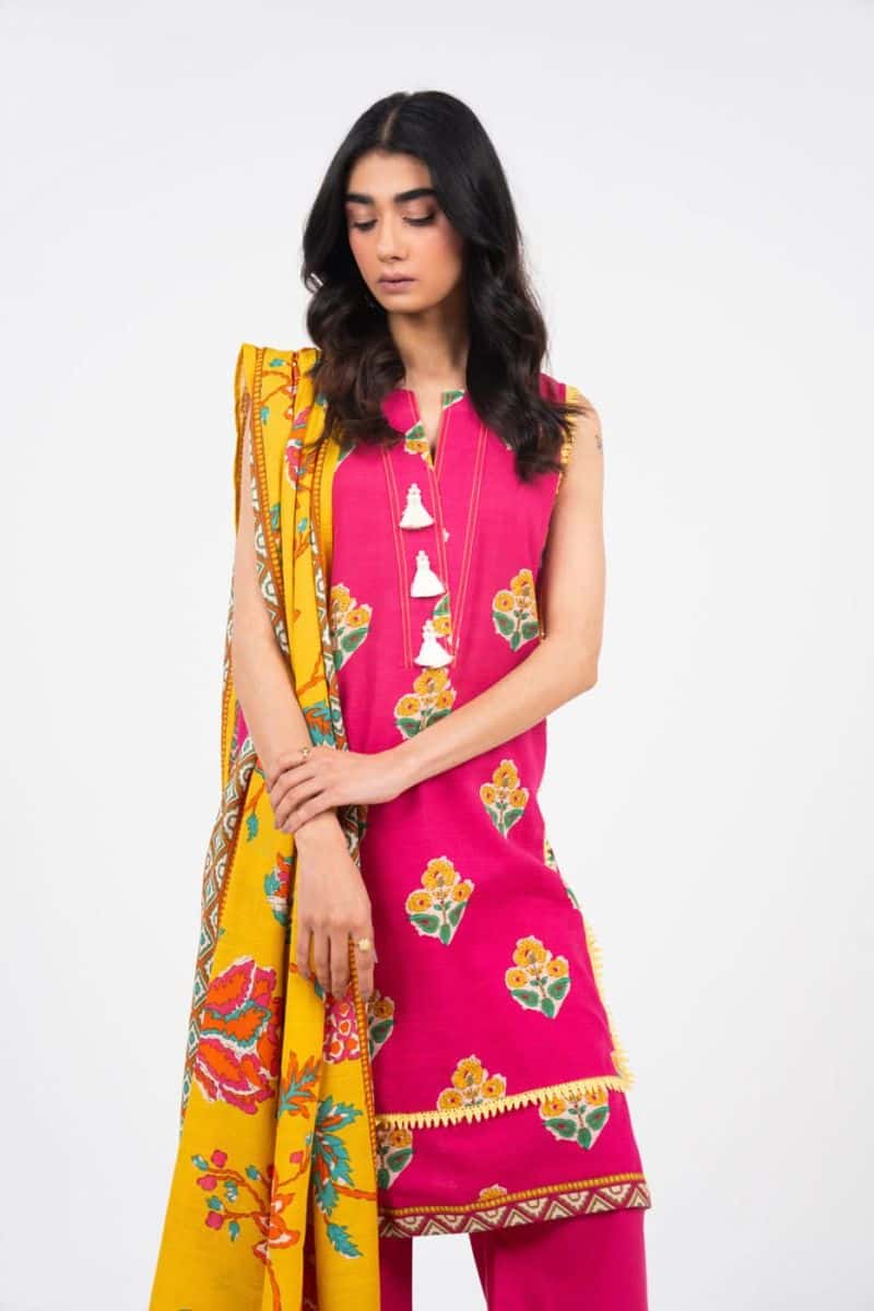 Pink Printed Khaddar 3 Piece Unstitched Suit - alternate view